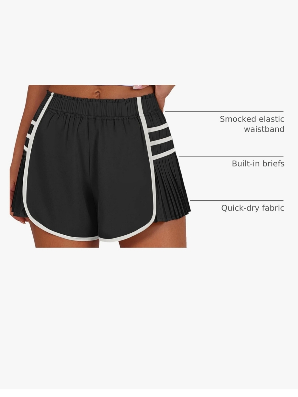 Black Athletic Pleated Side-Panel Women’s Shorts